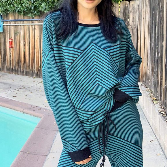 Eva Franco Lounge Knit Sweatshirt Teal and Black Oversized Striped - Picture 3 of 6